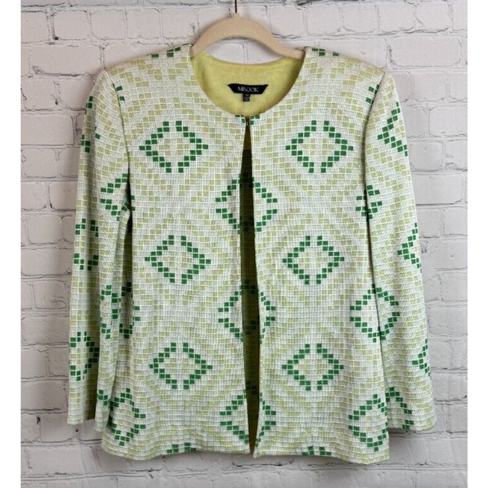 MISOOK green white beige check knit 3/4 sleeve cardigan blazer size XS NWOT